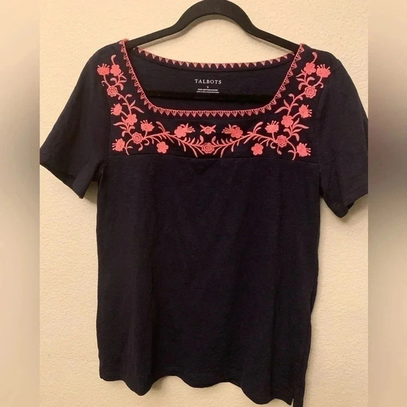 Talbots Cotton Slub Embroidered Tee Navy Blue Pink Square Neckline small - Picture 2 of 4